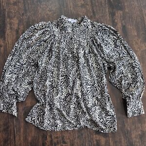 SUNCOO monochrome‎ Blouse S LHASSA Balloon Sleeve Silky Abstract Print Top T1